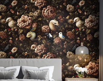 Gothic Secret Garden Wallpaper: Dark Floral, Birds, Snakes (Peel and Stick)