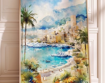 May include: A framed watercolour painting depicting a coastal scene with a harbour, boats, and buildings. The artwork features palm trees, a blue sea, and a bright sky. The frame is made of light-coloured wood.