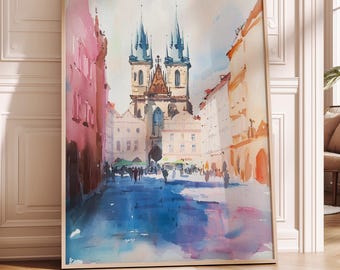 Prague Watercolor Art Print, Pastel Travel Poster #P261