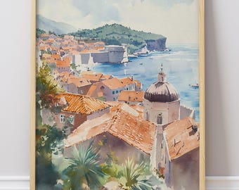 Watercolor Dubrovnik Art Print: Adriatic Coast & Old Town Walls #P279