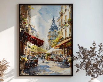 French Café Watercolor Painting, Paris Street Art Print #P222