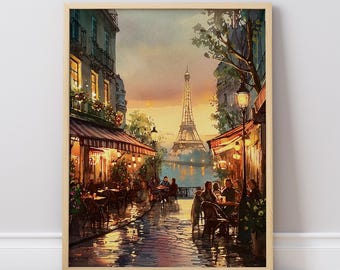 Watercolor Paris Street Art Print, Charming French Café Scene #P235