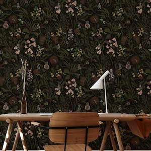 Moody Botanical  Wallpaper Maximalist Dark Mural  Peel and Stick Foliage Wildflowers Gothic Wallpaper, Earth tones Whimsical Wall