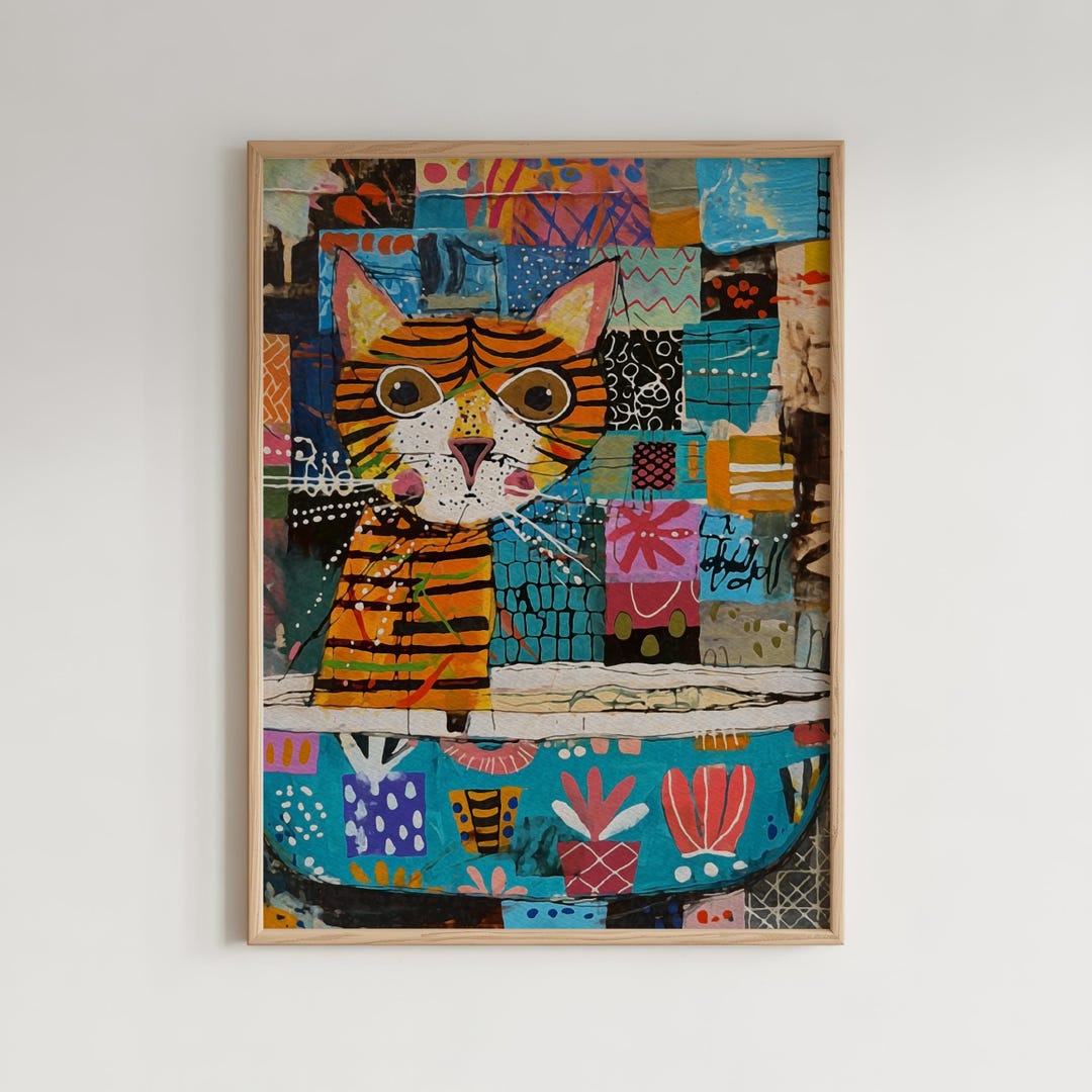 Colorful Abstract Cat, Maximalist Pet Wall Art, Eclectic Tabby Painting ...