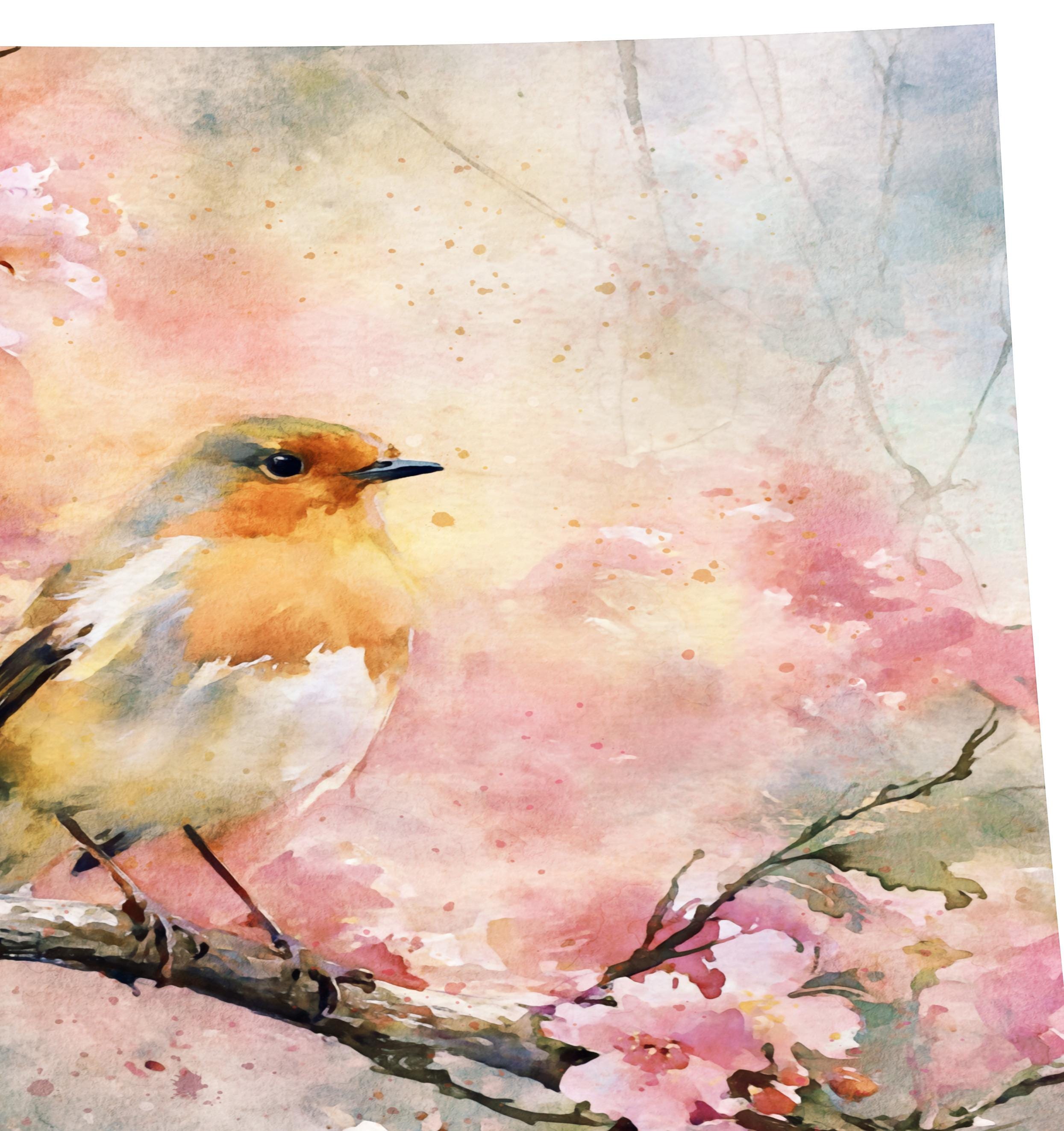 Watercolor Robin Cherry Blossom Poster | Spring Bird Art Print | Nature ...