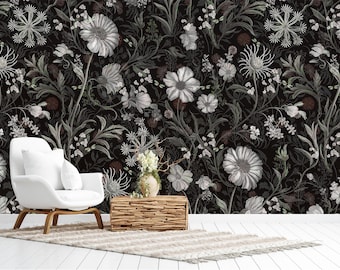 Dark Floral Wallpaper: Botanical Peel and Stick Mural