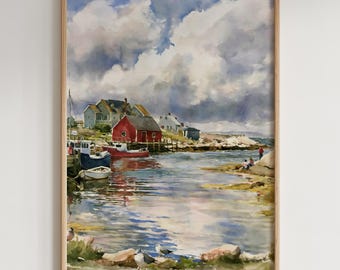 May include: A watercolor painting in a light wood frame depicting a coastal harbor scene with a prominent red house, several small boats moored in the water, rocky shorelines, and a cloudy blue sky reflected in the calm harbor water.