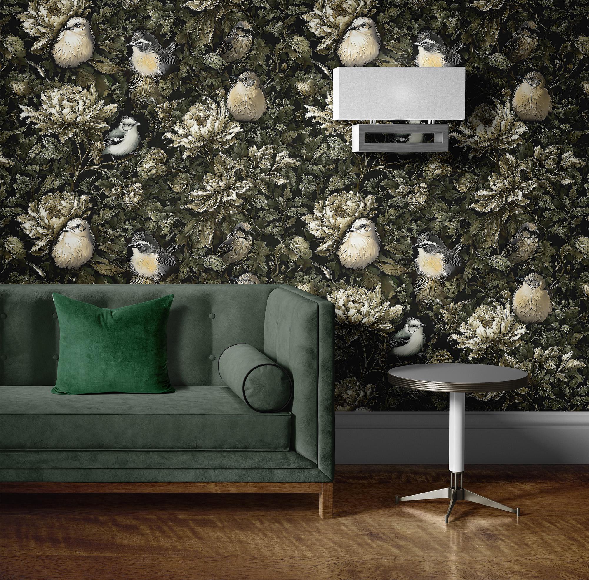 Secret Garden Wallpaper Mural: Birds at Night, Dark Botanical Peel and Stick Accent Wall