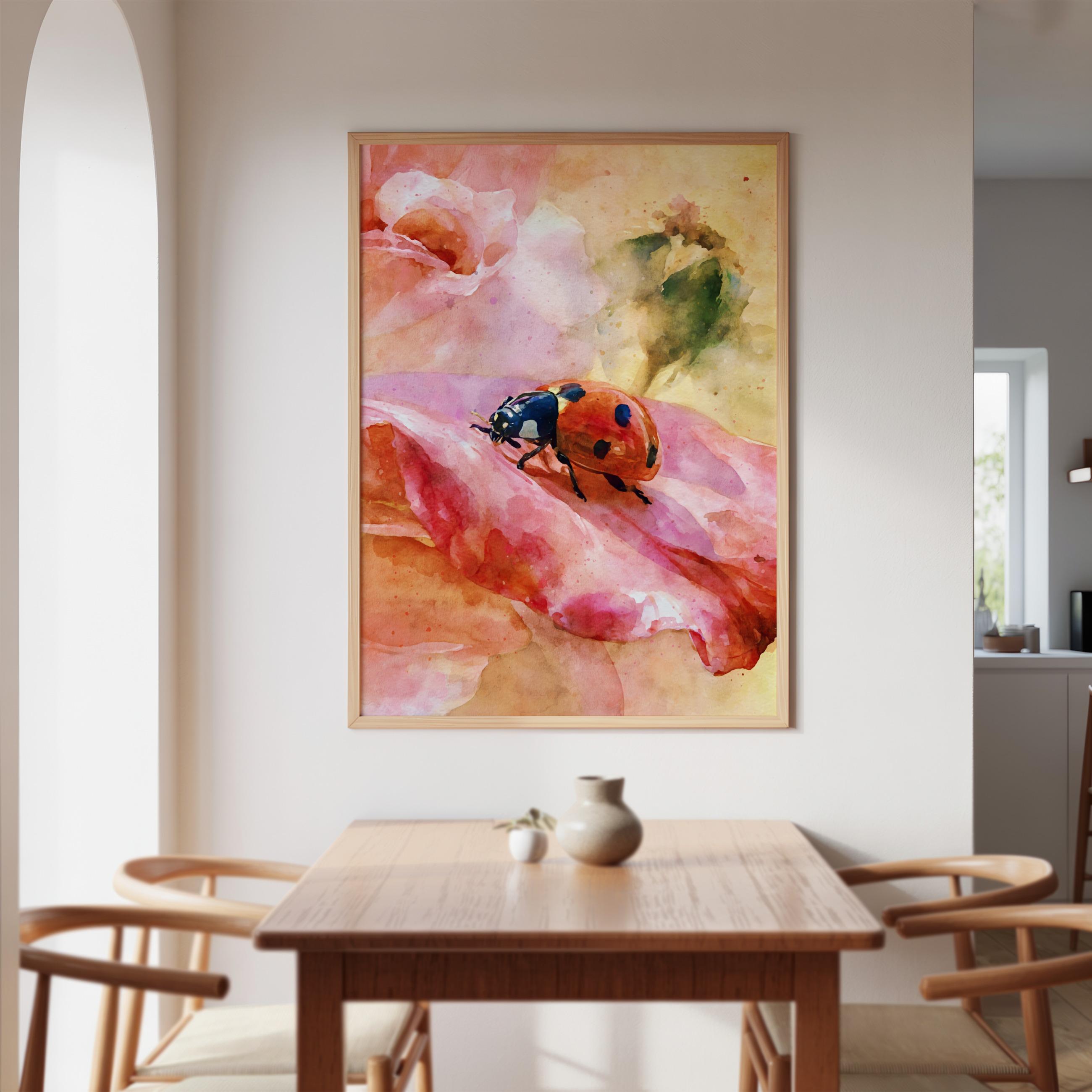 Watercolor Ladybug Rose Poster, Cottagecore Nature Art Print, Floral ...