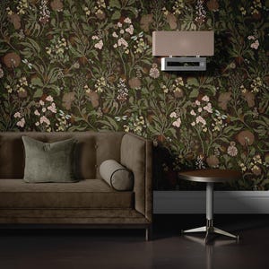 Dark Botanical muted tones Foliage Wallpaper, Maximalist Peel and Stick Wildflowers Wallpaper, Dark interiors Bedroom Bathroom Wall accent