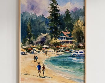 McCall Idaho Lake Scene Watercolor Art Print, Beach Wall Art Poster #G1377
