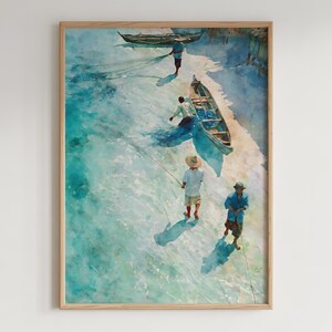 May include: A watercolor painting in a light wood frame depicting several individuals in hats and shirts working with fishing nets and boats on a bright, turquoise-colored shallow shoreline with visible shadows cast on the sandy bottom.