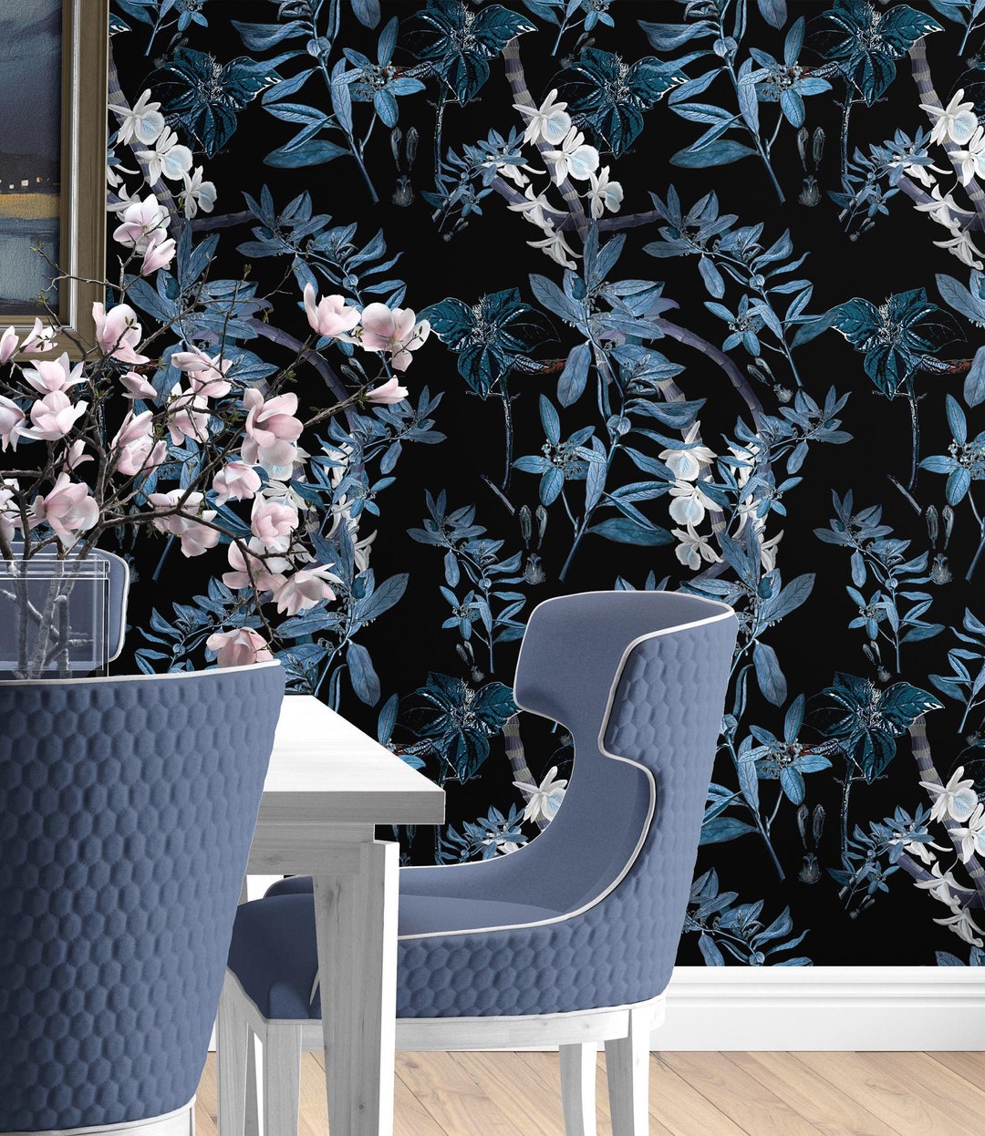 Dark Blue Botanical Wallpaper: Floral Peel and Stick Mural - Etsy