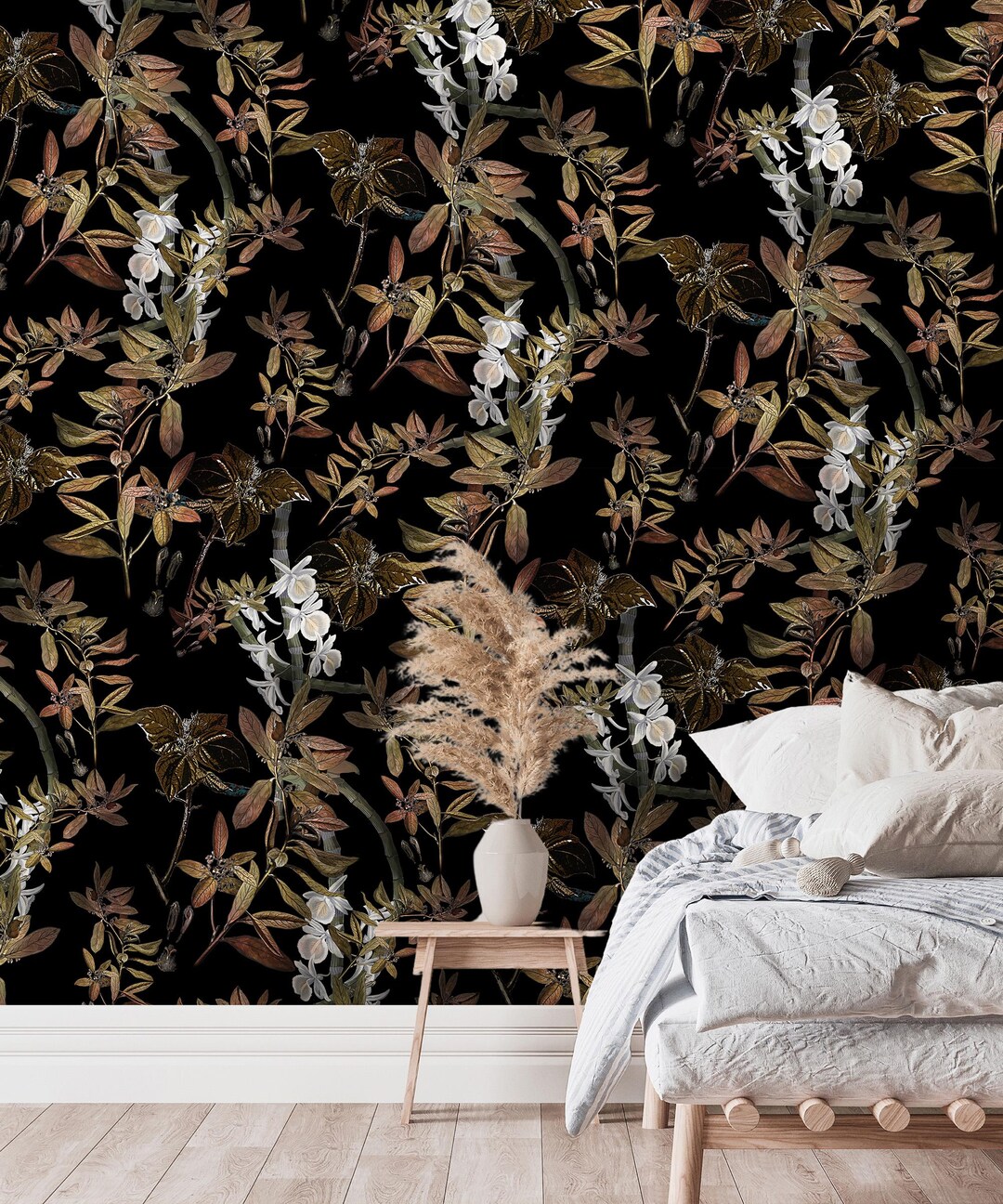Dark Floral Peel and Stick Wallpaper: Autumn Botanical Removable Mural ...