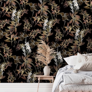 Dark Botanical Wallpaper Peel and Stick. Autumn Fall theme Moody Floral Removable Wallpaper for Bedroom Bathroom Vintage Painting