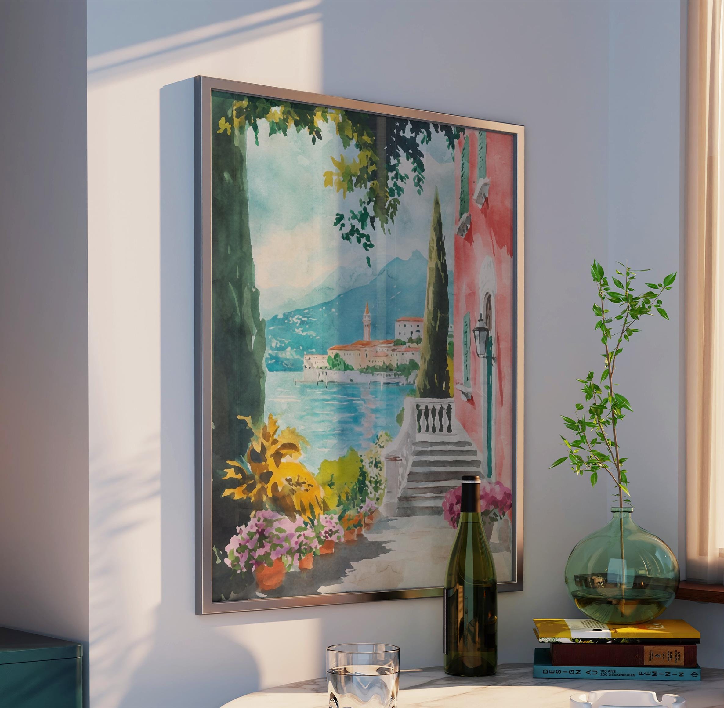 Lake Como Watercolor Art Print, Italian Village Landscape Painting ...