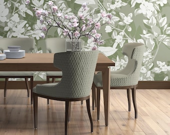Sage Green Floral Wallpaper Mural: Botanical Self Adhesive Wallpaper