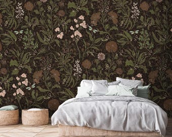 Dark Botanical Peel and Stick Wallpaper: Earth Tones, Gothic Forest Mural