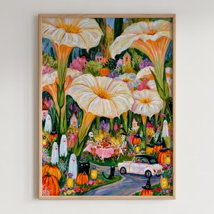 May include: A vibrant painting featuring oversized cream-colored trumpet flowers towering over a whimsical scene with ghosts, skeletons dining at a pink table, jack-o'-lanterns wearing witch hats, a black cat, and a vintage white car on a path.