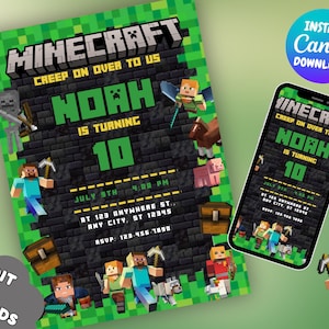 Könnte beinhalten: Eine Geburtstagseinladung im Minecraft-Stil mit dem Text "Minecraft" und "Creep on over to us". Die Einladung enthält den Namen "Noah" und das Alter "10" sowie Party-Details. Ein Smartphone zeigt das gleiche Design.