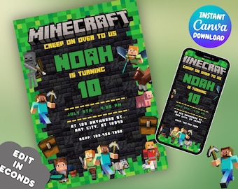 Editable Pixel Birthday Invitation | Pixel Theme Digital Template Canva Download | Block Party Invite Gamer Birthday Invitation for Boys