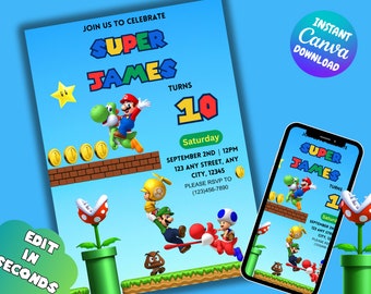 Super Mario Geburtstag Einladung | Super Mario Kinder Invite | Mario bearbeitbare Geburtstagsvorlage