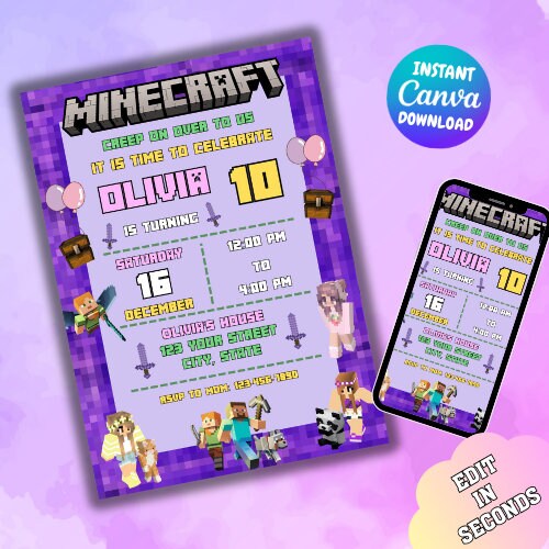 Minecrafter Girl Invitation Minecraft Birthday Party Invitation Template Kids Birthday