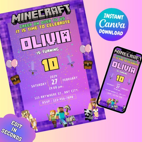 Minecrafter Girl Invitation Minecraft Birthday Party Invitation Template Kids Birthday