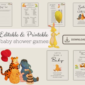 Winnie the Pooh Baby Shower Games Bundle |  Bear Baby Shower Games Bundle Template Canva | Printable Baby Shower Games