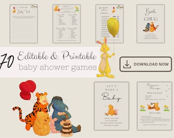 May include: A set of 70 printable baby shower games featuring Winnie the Pooh and friends. The games include "Guess the Baby Food", "What's in Your Purse", "Guess Who", "Bottle Chug", "Let's Make a Baby", and "Diaper Change".