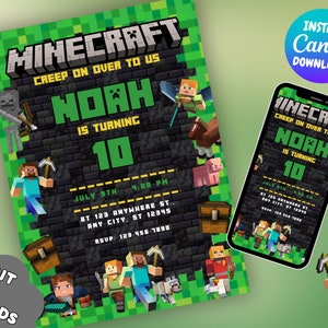 Faire-part d'anniversaire Minecraft Invitation modifiable Minecrafter Cartes d'invitation d'anniversaire Minecrafter pour toile image 1