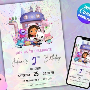 Gabby Dollhouse Invitation | Editable Invitation Template Gabby Dollhouse | Gabby Dollhouse Canva Template