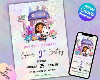 Gabby Dollhouse Invitation | Editable Invitation Template Gabby Dollhouse | Gabby Dollhouse Canva Template