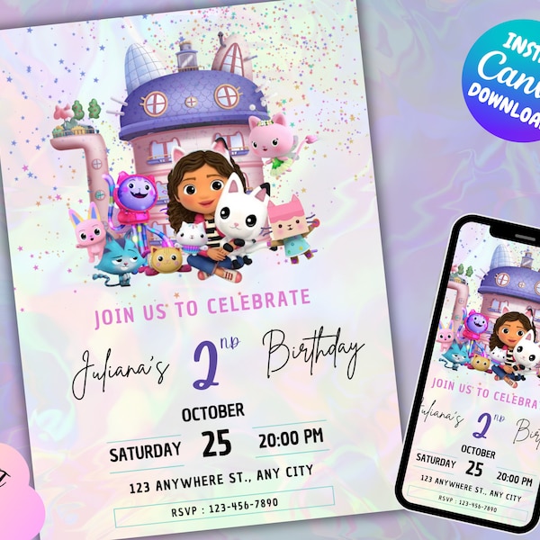 Gabby Dollhouse Invitation | Editable Invitation Template Gabby Dollhouse | Gabby Dollhouse Canva Template