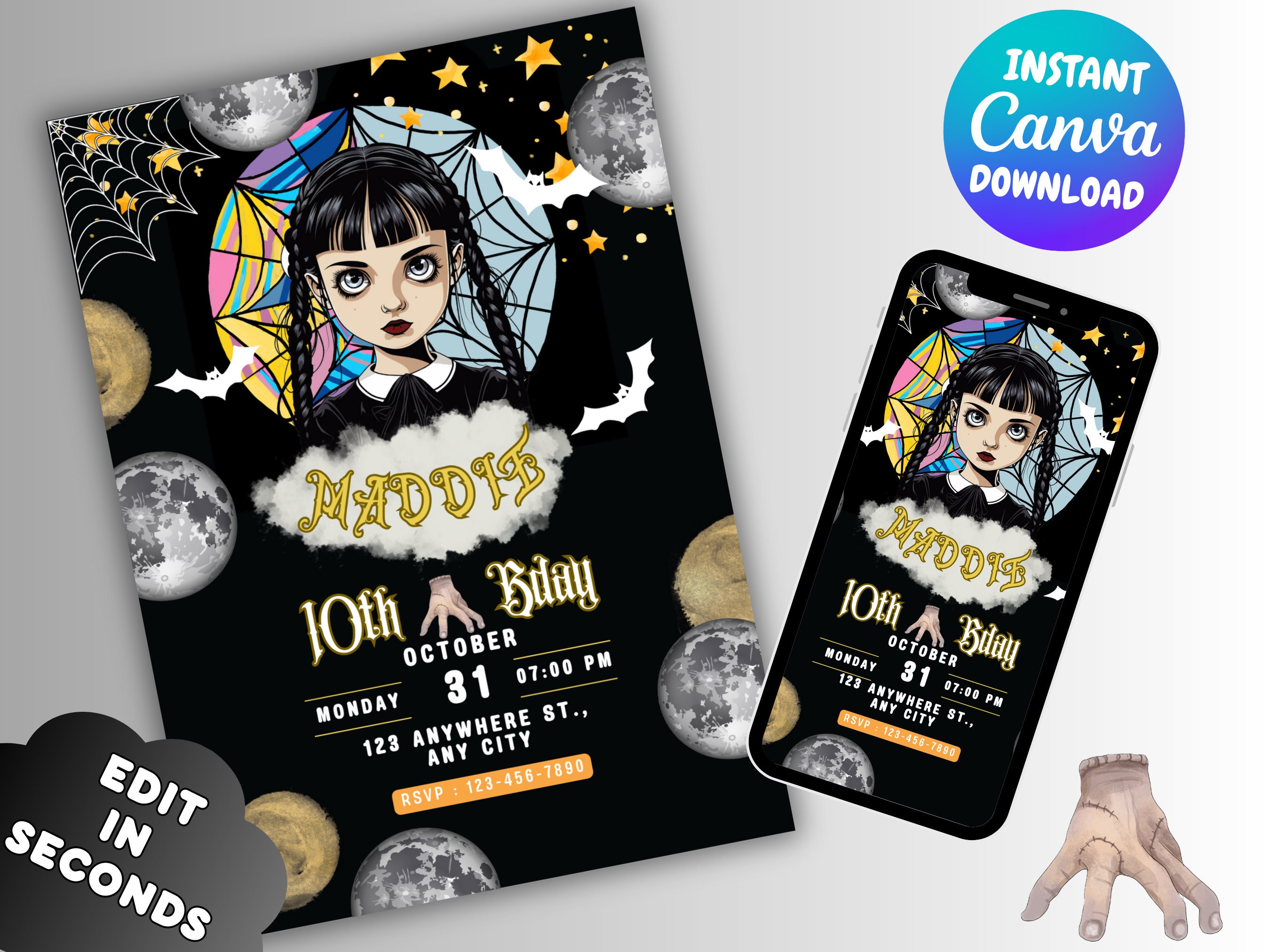 Wednesday Invitation Template Wednesday Addams Birthday invite Wednesday Invite Template for Canva