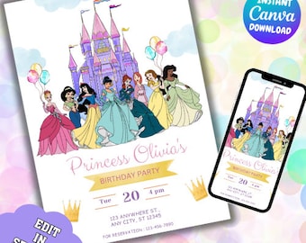 Invitation d'anniversaire de princesse | Invitation princesse pour enfants modifiable | Invitation princesse numérique