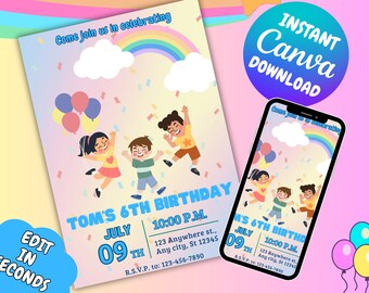 Birthday Party Invitation | Rainbow Birthday Party Template | Editable Birthday party Invite