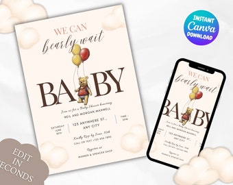 Winnie the Pooh Baby Shower Invitations | We can Bearly Wait | Editable Bear Template