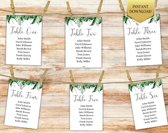 May include: Six printable table cards with a tropical leaf design. Each card has a table number and a list of names, including John Smith, Carol Johnson, Jake Williams, Sarah Brown, Tom Jones, Frank Garcia, and Kelly Miller.
