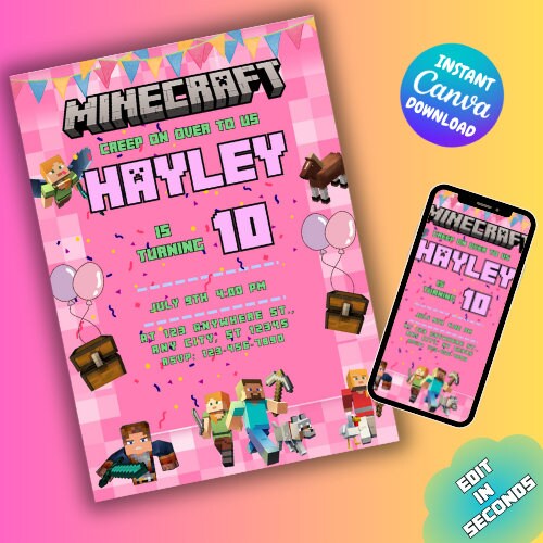 Minecrafter Girl Invitation Minecraft Birthday Party Invitation Template Kids Birthday