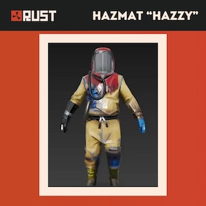 May include: A yellow hazmat suit with blue and red paint splatters. The suit has a clear helmet with a red visor and a red neck gaiter. The suit is labeled "HAZMAT "HAZZY"".