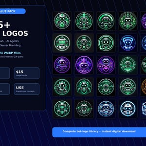 Puede incluir: Un producto digital que muestra 706+ logotipos de bots. Los logotipos son circulares, con diseños de robots en tonos verdes, morados y azules. La imagen incluye texto que indica que los logotipos son para Discord, SaaS, agentes de IA, iconos de aplicaciones y branding de servidor.