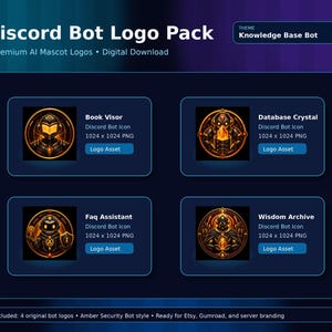 May include: A digital download graphic featuring four AI mascot logos for Discord bots. Each logo, including Book Visor, Database Crystal, Faq Assistant, and Wisdom Archive, is a 1024 x 1024 PNG file. The theme is Knowledge Base Bot.