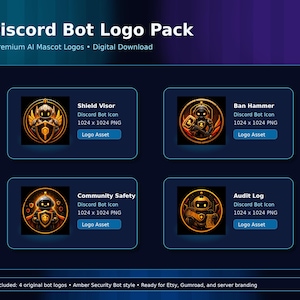 Puede incluir: Gráfico digital con cuatro logotipos de mascotas de IA para bots de Discord. Cada logotipo, etiquetado como Shield Visor, Ban Hammer, Community Safety y Audit Log, es un archivo PNG de 1024 x 1024. Los logotipos son de estilo Amber Security Bot.
