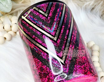 Custom PersonalizedGlitter Hot Pink Black Lace Vsplit Can Coozie Gift for Her Cold drink holder Insulated Custom Can Cooler