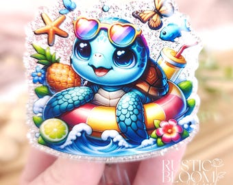Glitter Sea Turtle Badge Reel with Sunglasses & Pool Float – Cute Retractable ID Holder for Nurses Teachers