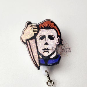 Michael Myers Glitter Badge Reel Halloween Interchangeable Name Tag Work ID Holder Personalized Nurse Gift for Teacher holiday Badge