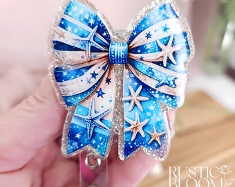 Nautical Starfish Bow Glitter Badge Reel Personalized Nurse Gift Teacher Name Tag glitter Badge Nurse Badge Reel cute  Summer Badge Reel