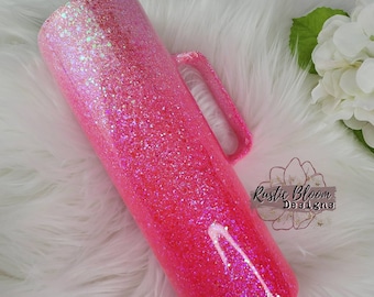 Hot Pink Neon Ombre Glitter Tumbler with Handle Straw Personalized Custom Travel Coffee Mug Gift for Mother's Mama Cup Girly Sparkly Epoxy