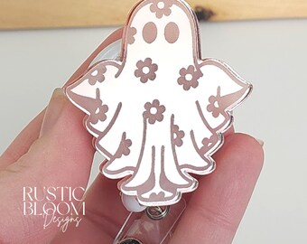 Floral Ghost Mirror Engraved Halloween Badge Reel Interchangeable Nurse Badge Reel, Work ID Holder Personalized Nurse Gift Teacher badge